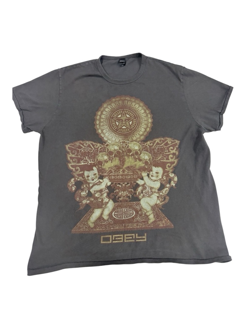 Obey Men’s Short-Sleeve Graphic Tee - Charcoal with Gold Print